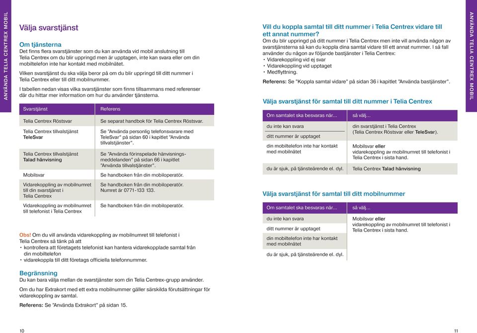 I tabellen nedan visas vilka svarstjänster som finns tillsammans med referenser _ där du hittar mer information om hur du använder tjänsterna.