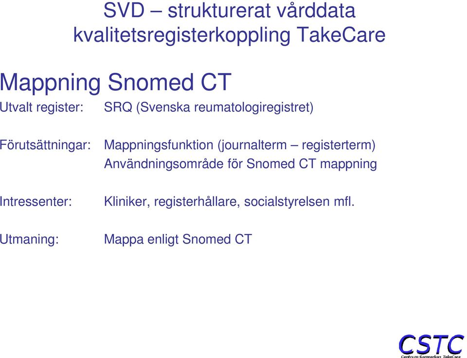 (journalterm registerterm) Användningsområde för Snomed CT mappning