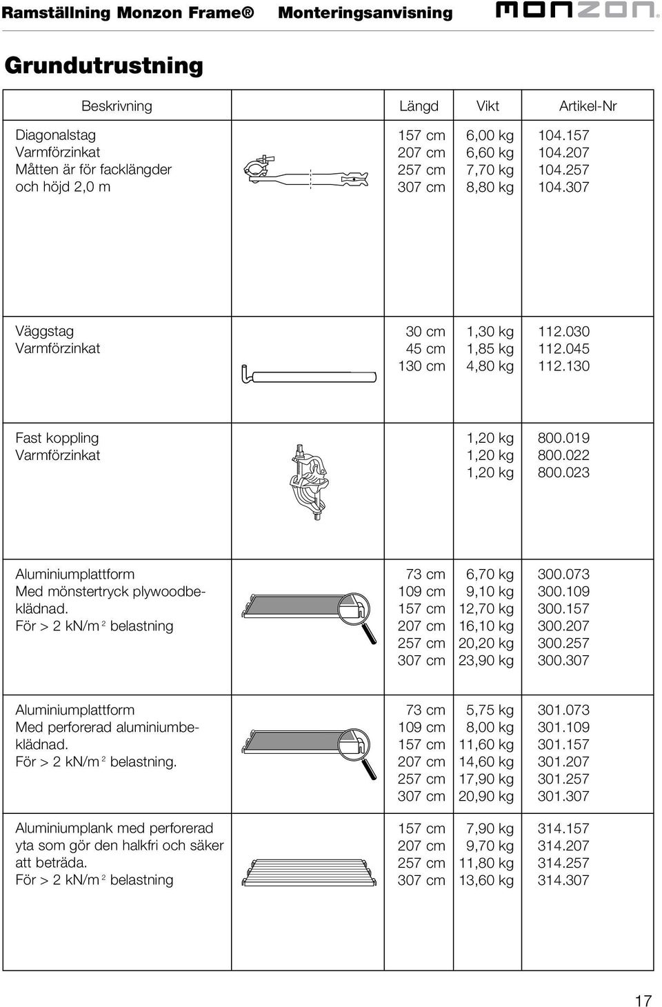 023 Aluminiumplattform Med mönstertryck plywoodbeklädnad. För > 2 kn/m 2 belastning 73 cm 109 cm 157 cm 207 cm 6,70 kg 9,10 kg 12,70 kg 16,10 kg 20,20 kg 23,90 kg 300.073 300.109 300.157 300.207 300.