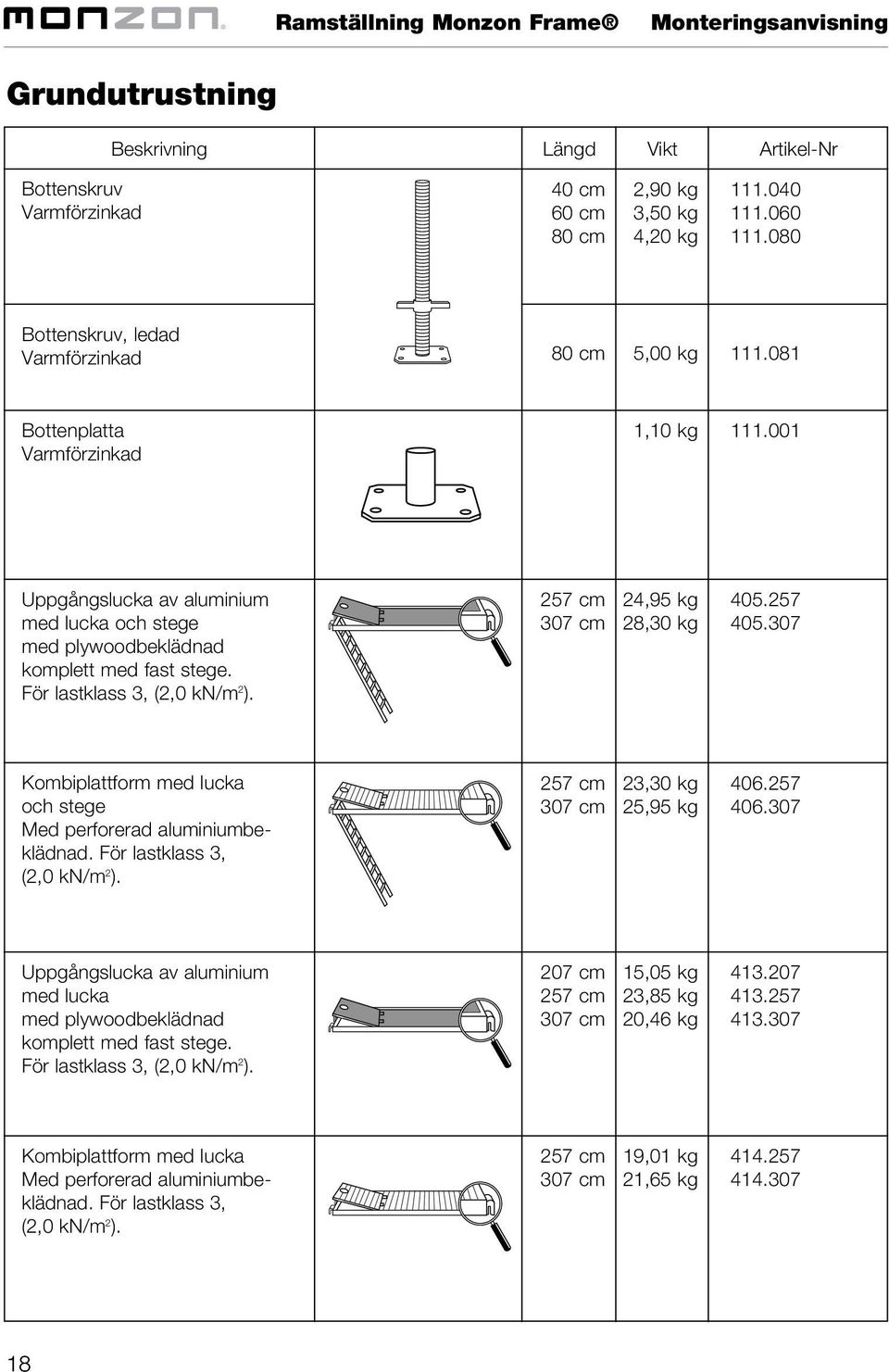 257 405.307 Kombiplattform med lucka och stege Med perforerad aluminiumbeklädnad. För lastklass 3, (2,0 kn/m 2 ). 23,30 kg 25,95 kg 406.257 406.