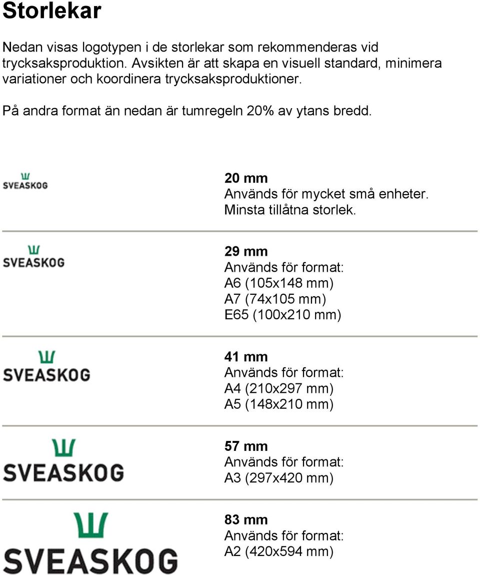 På andra format än nedan är tumregeln 20% av ytans bredd. 20 mm Används för mycket små enheter. Minsta tillåtna storlek.