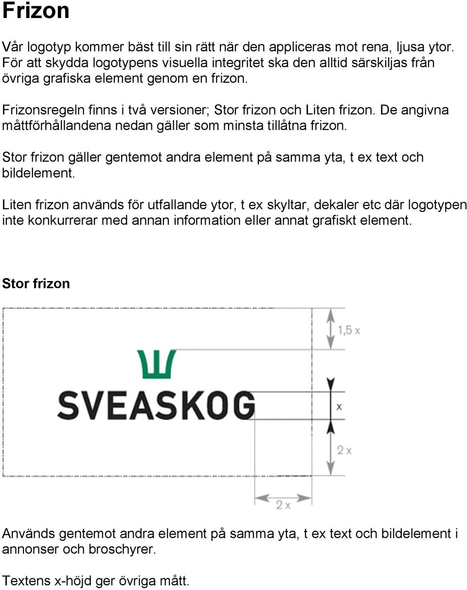 Frizonsregeln finns i två versioner; Stor frizon och Liten frizon. De angivna måttförhållandena nedan gäller som minsta tillåtna frizon.