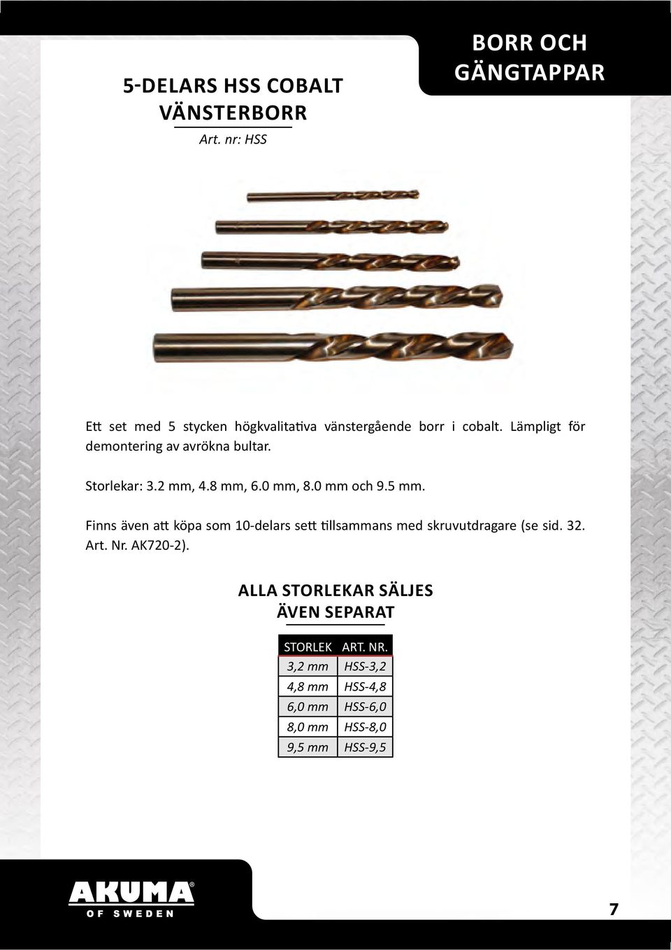 Lämpligt för demontering av avrökna bultar. Storlekar: 3.2 mm, 4.8 mm, 6.0 mm, 8.0 mm och 9.5 mm.