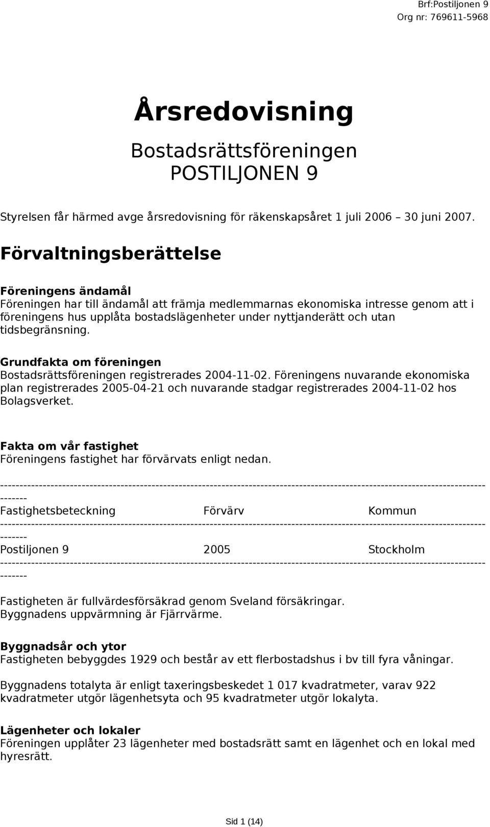 tidsbegränsning. Grundfakta om föreningen Bostadsrättsföreningen registrerades 2004-11-02.