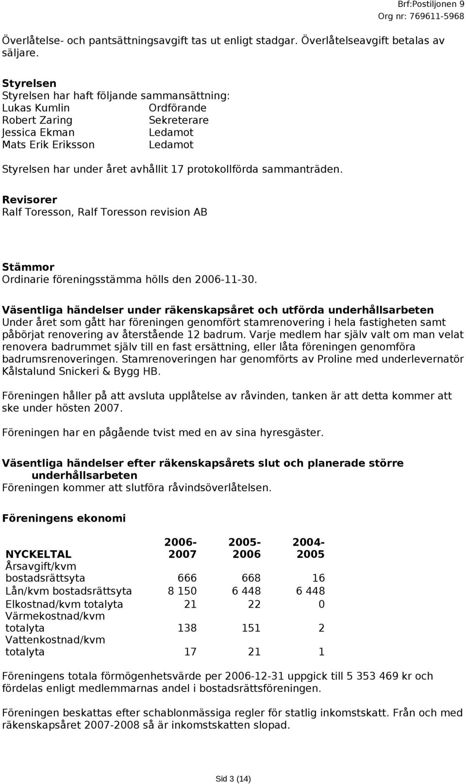 protokollförda sammanträden. Revisorer Ralf Toresson, Ralf Toresson revision AB Stämmor Ordinarie föreningsstämma hölls den 2006-11-.