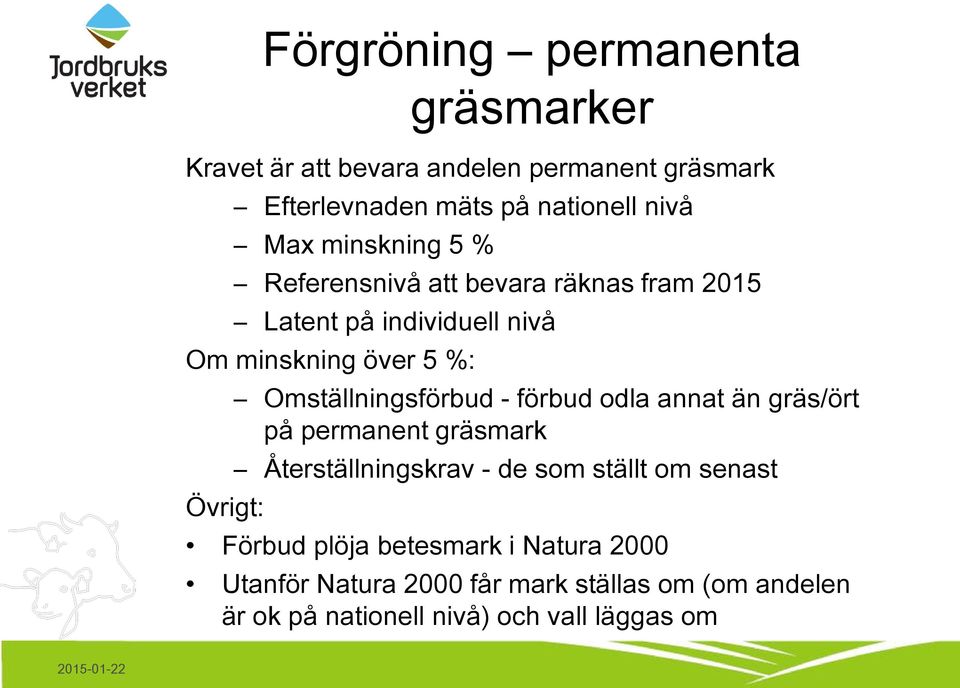 Omställningsförbud - förbud odla annat än gräs/ört på permanent gräsmark Återställningskrav - de som ställt om senast