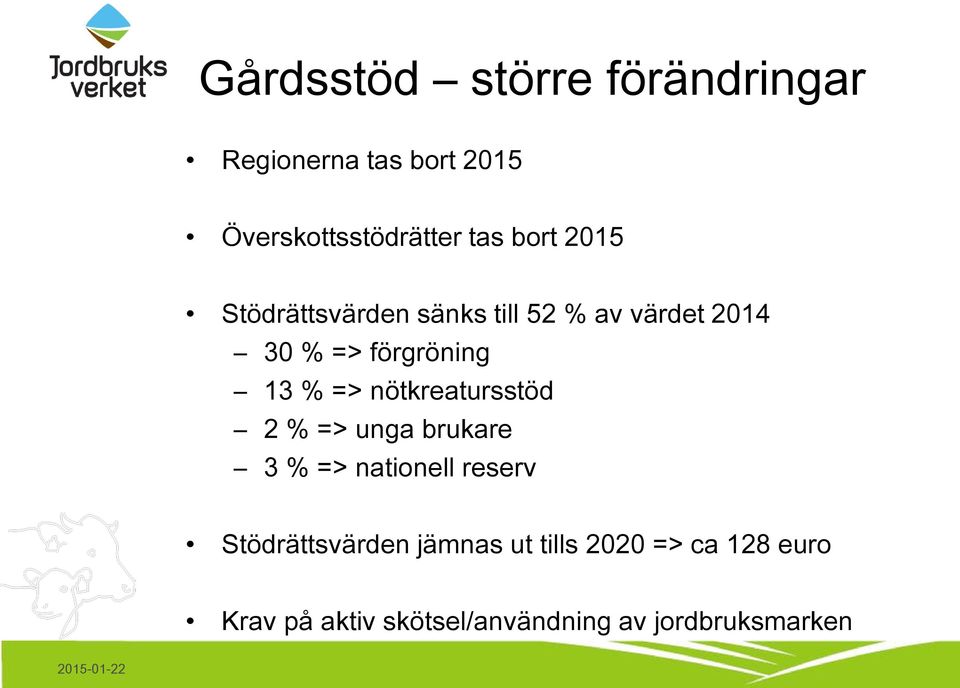 => nötkreatursstöd 2 % => unga brukare 3 % => nationell reserv Stödrättsvärden