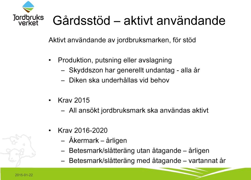 vid behov Krav 2015 All ansökt jordbruksmark ska användas aktivt Krav 2016-2020 Åkermark