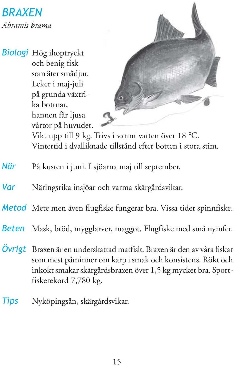 Näringsrika insjöar och varma skärgårdsvikar. Metod Mete men även flugfiske fungerar bra. Vissa tider spinnfiske. Beten Mask, bröd, mygglarver, maggot. Flugfiske med små nymfer.