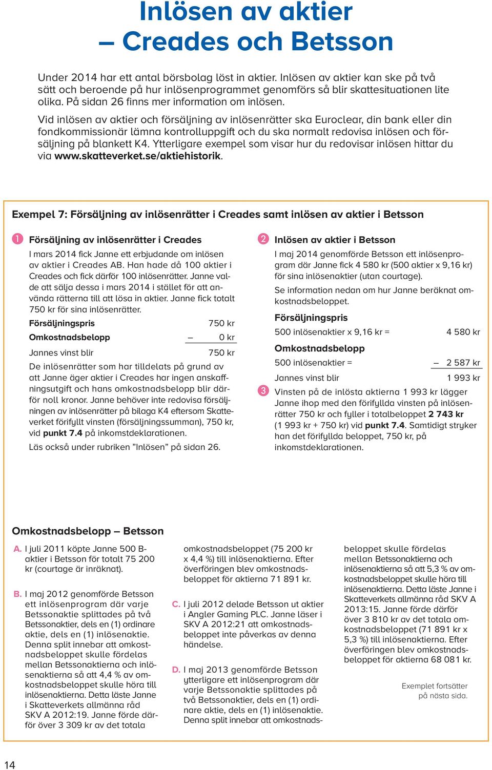 Vid inlösen av aktier och försäljning av inlösenrätter ska Euroclear, din bank eller din fondkom missionär lämna kontrolluppgift och du ska normalt redovisa inlösen och försäljning på blankett K.