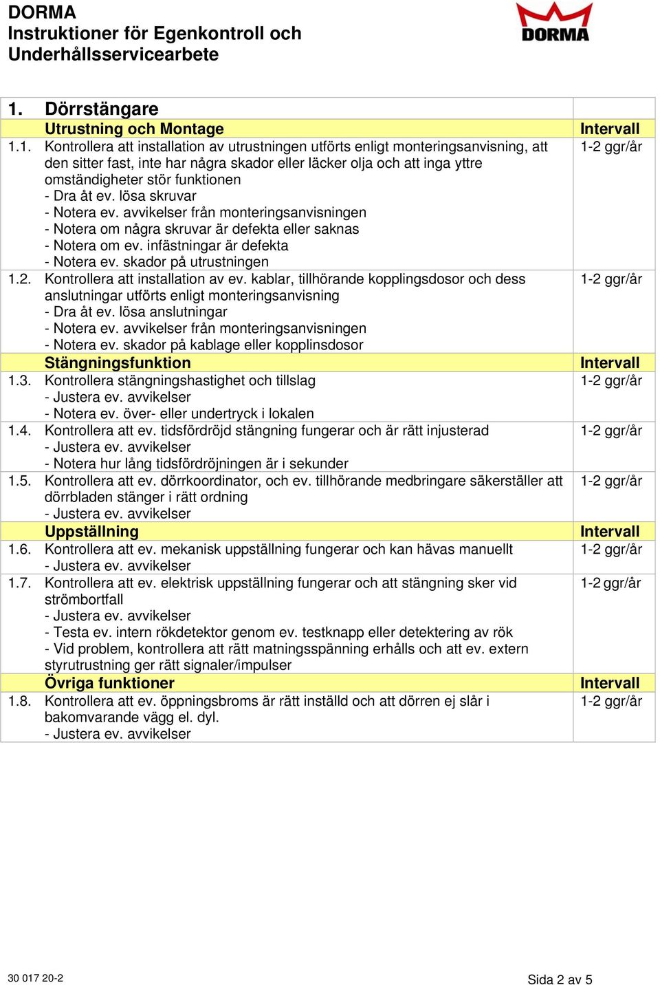 Kontrollera stängningshastighet och tillslag - Notera ev. över- eller undertryck i lokalen 1.4. Kontrollera att ev.