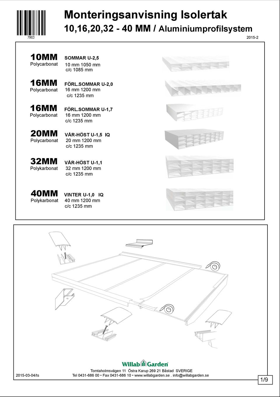 SOMMR U-1,7 Polycarbonat 16 mm 1200 mm c/c 20MM VÅR-HÖST U-1,5 IQ Polycarbonat 20 mm 1200 mm c/c Polykarbonat VÅR-HÖST U-1,1 32