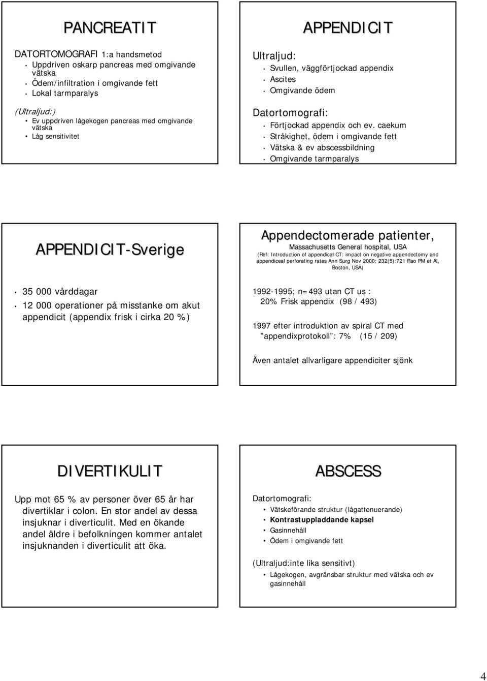 caekum Stråkighet, ödem i omgivande fett Vätska & ev abscessbildning Omgivande tarmparalys APPENDICIT-Sverige 35 000 vårddagar 12 000 operationer på misstanke om akut appendicit (appendix frisk i