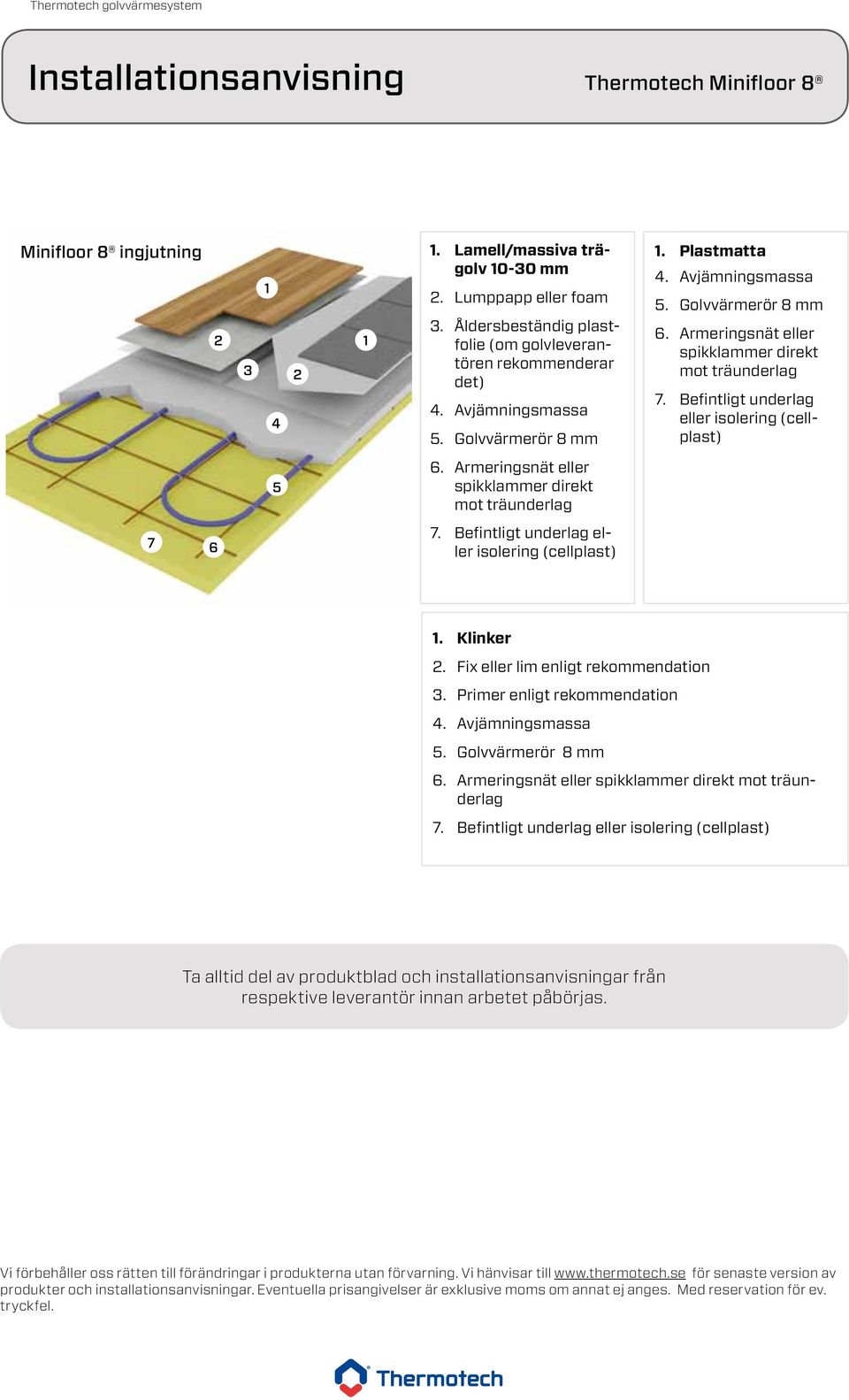 Befintligt underlag eller isolering (cellplast) 1. Klinker 2. Fix eller lim enligt rekommendation 3. Primer enligt rekommendation 4. Avjämningsmassa 6.