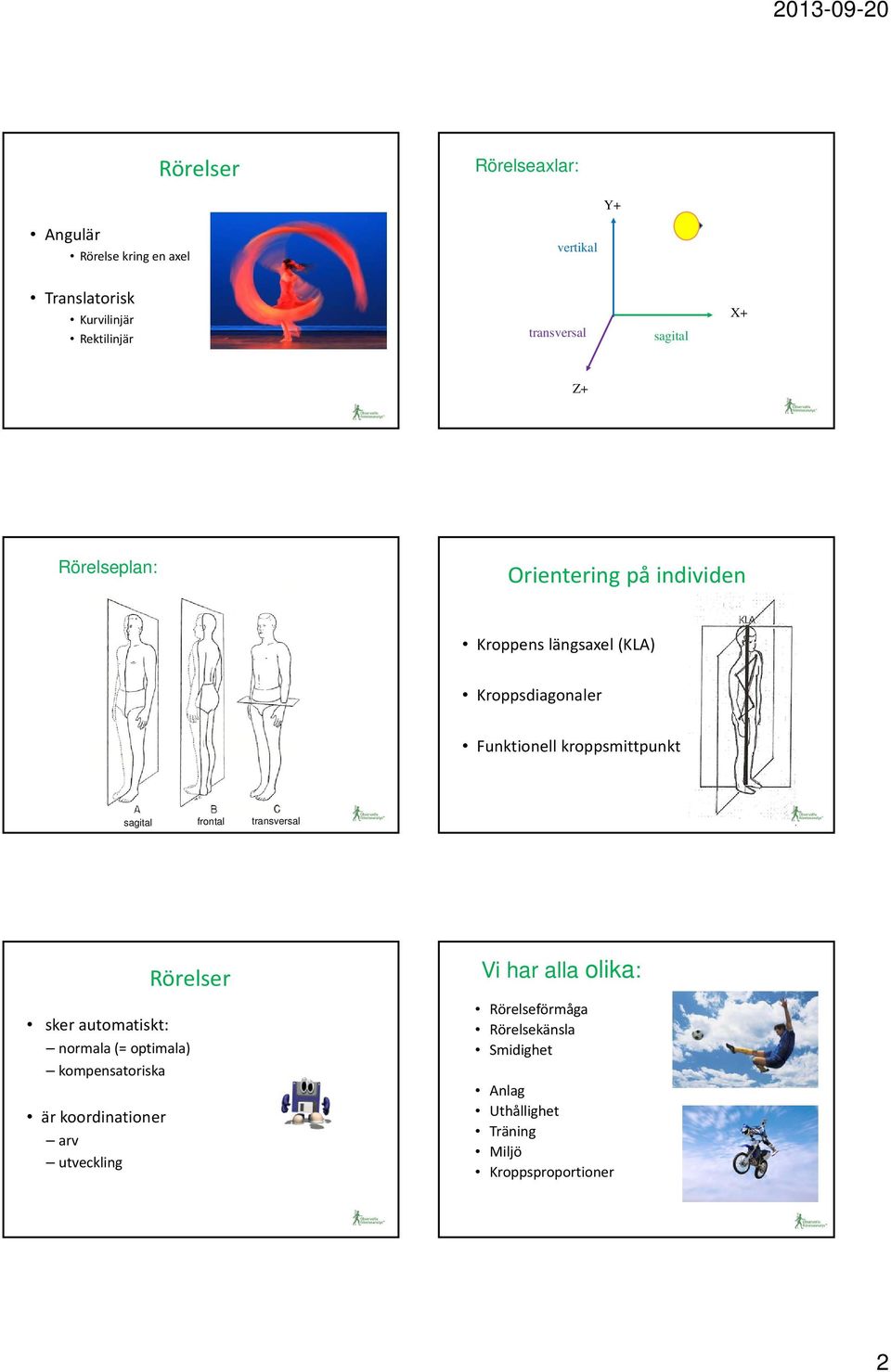 kroppsmittpunkt sagital frontal transversal Rörelser sker automatiskt: normala (= optimala) kompensatoriska är
