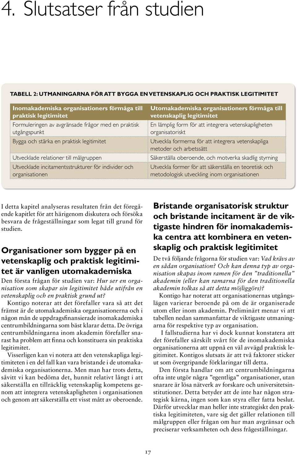 organisationers förmåga till vetenskaplig legitimitet En lämplig form för att integrera vetenskapligheten organisatoriskt Utveckla formerna för att integrera vetenskapliga metoder och arbetssätt