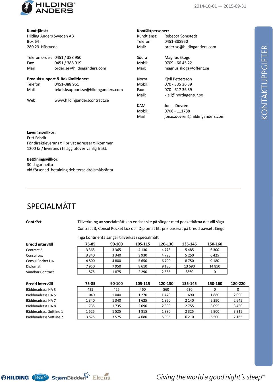 se Kontaktpersoner: Kundtjänst: Rebecca Somstedt Telefon: 0451-388950 Mail: order.se@hildinganders.com Södra Magnus Skogs Mobil: 0709-664522 Mail: magnus.skogs@offent.