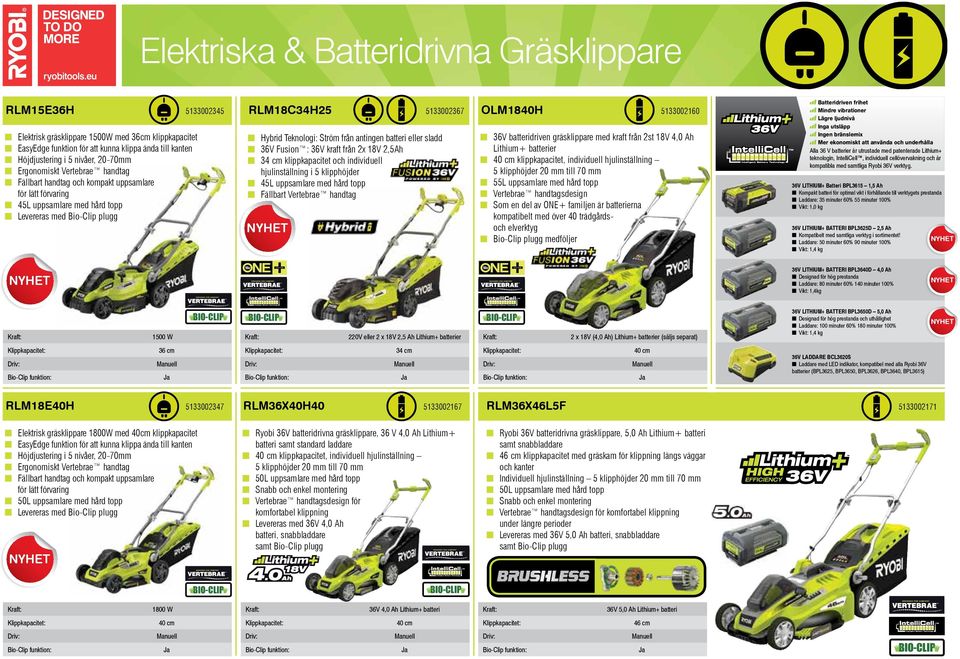 Ström från antingen batteri eller sladd 36V Fusion : 36V kraft från 2x 18V 2,5Ah 34 cm klippkapacitet och individuell hjulinställning i 5 klipphöjder 45L uppsamlare med hård topp Fällbart Vertebrae