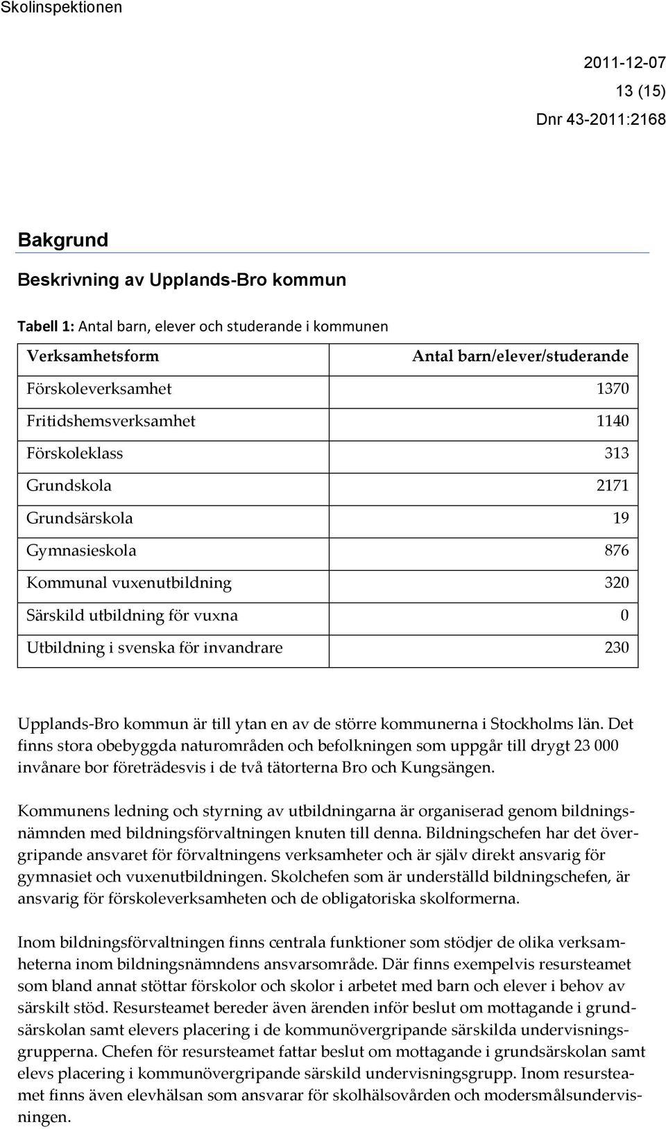 19 Gymnasieskola 876 Kommunal vuxenutbildning 320 Särskild utbildning för vuxna 0 Utbildning i svenska för invandrare 230 Upplands-Bro kommun är till ytan en av de större kommunerna i Stockholms län.