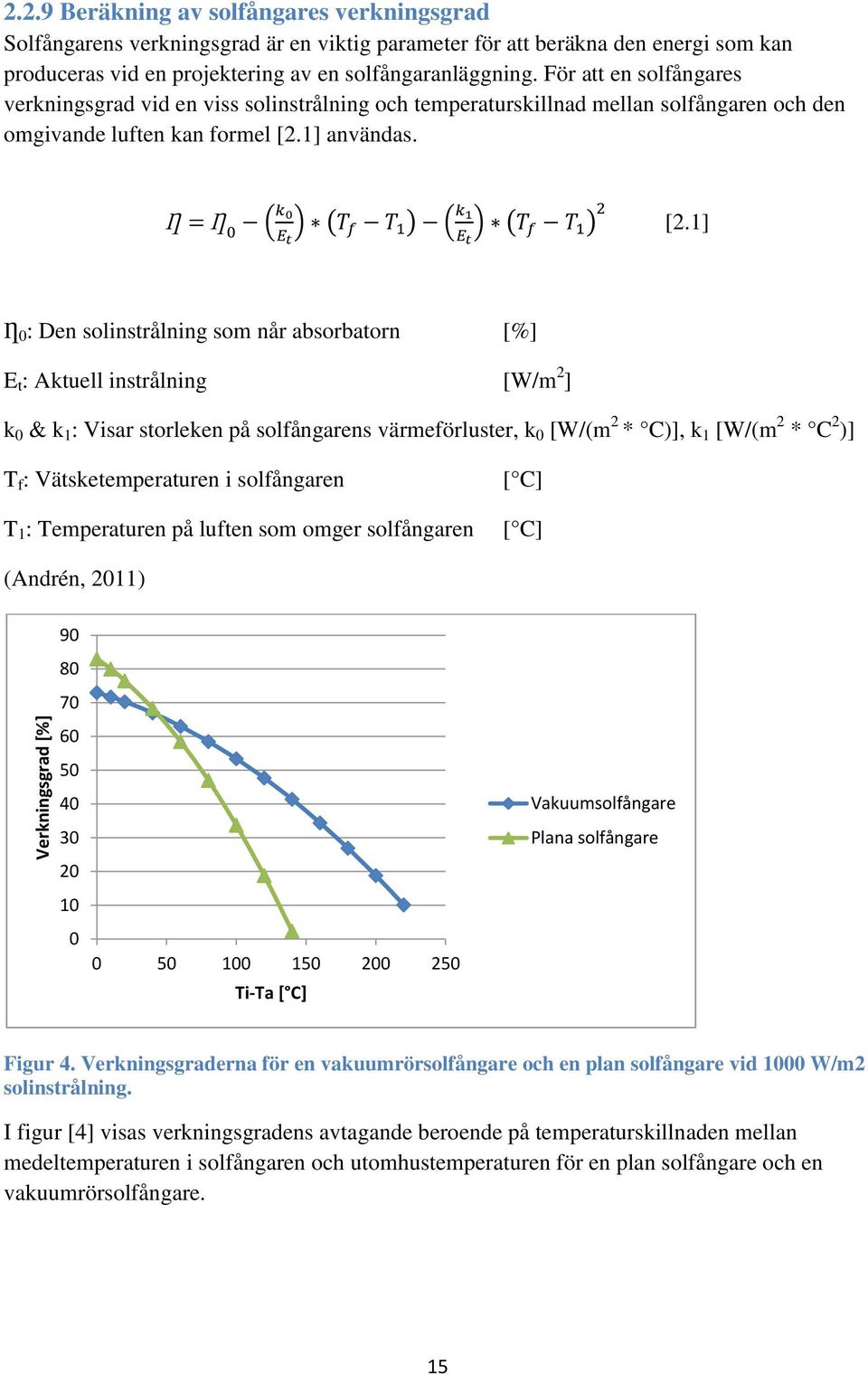 För att en solfångares verkningsgrad vid en viss solinstrålning och temperaturskillnad mellan solfångaren och den omgivande luften kan formel [2.