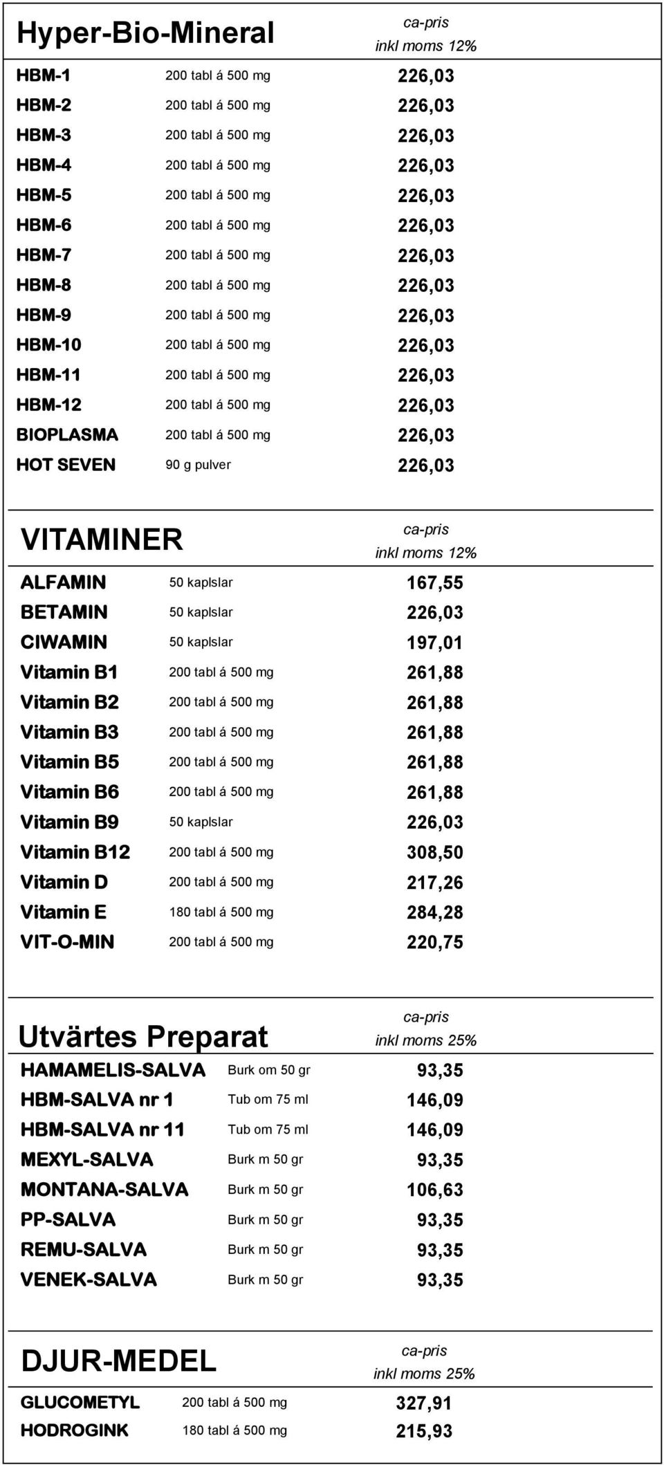 BIOPLASMA 200 tabl á 500 mg 226,03 HOT SEVEN 90 g pulver 226,03 VITAMINER ALFAMIN 50 kaplslar 167,55 BETAMIN 50 kaplslar 226,03 CIWAMIN 50 kaplslar 197,01 Vitamin B1 200 tabl á 500 mg 261,88 Vitamin