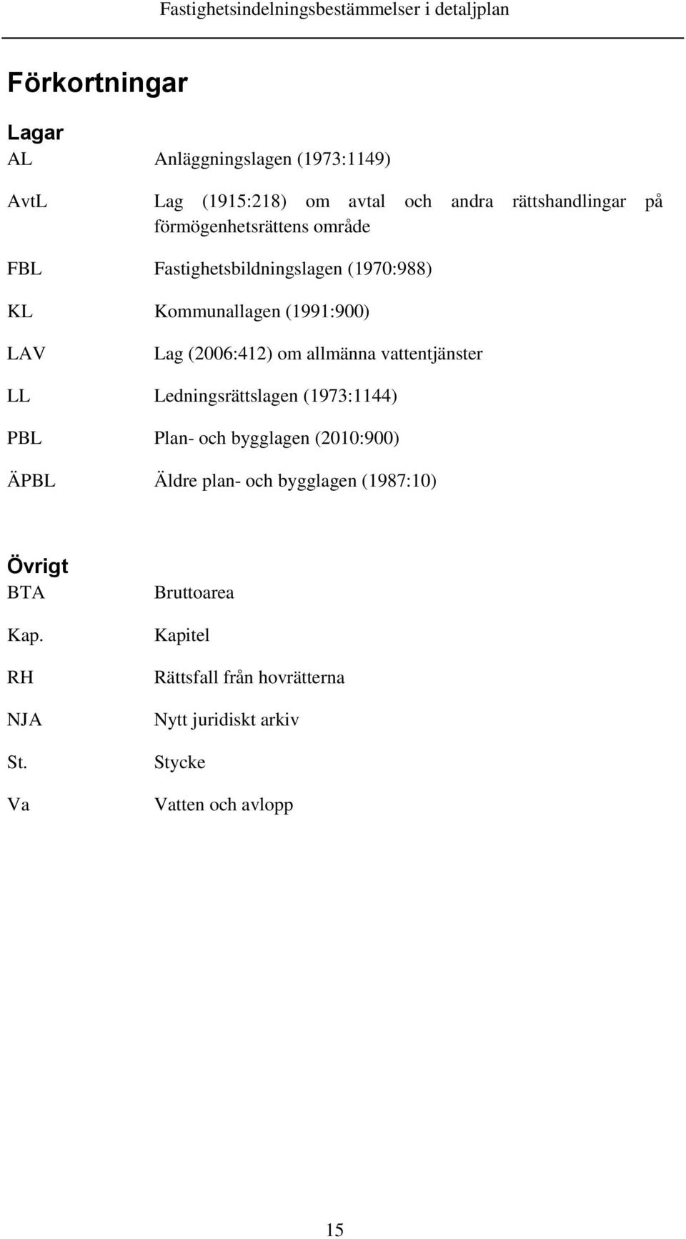 allmänna vattentjänster LL Ledningsrättslagen (1973:1144) PBL Plan- och bygglagen (2010:900) ÄPBL Äldre plan- och