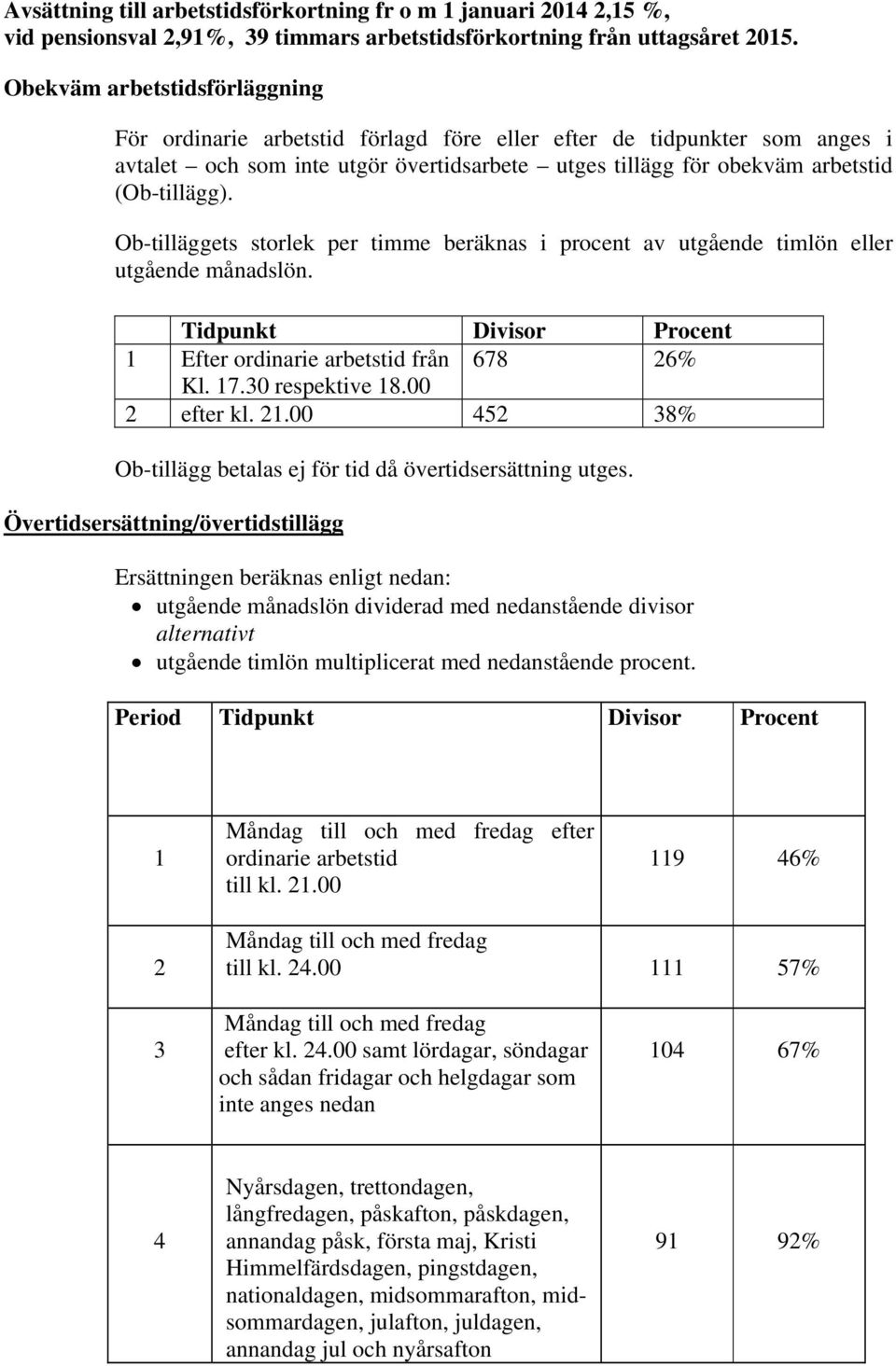 Ob-tilläggets storlek per timme beräknas i procent av utgående timlön eller utgående månadslön. Tidpunkt Divisor Procent 1 Efter ordinarie arbetstid från 678 26% Kl. 17.30 respektive 18.00 2 efter kl.