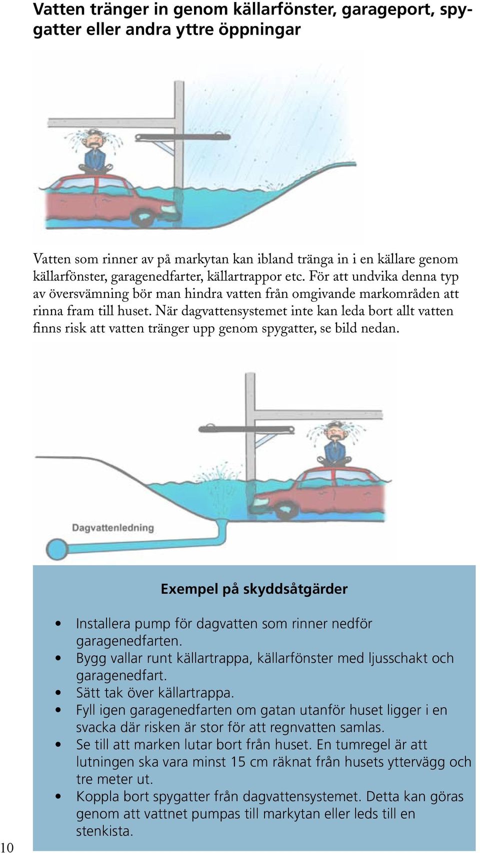 När dagvattensystemet inte kan leda bort allt vatten finns risk att vatten tränger upp genom spygatter, se bild nedan.