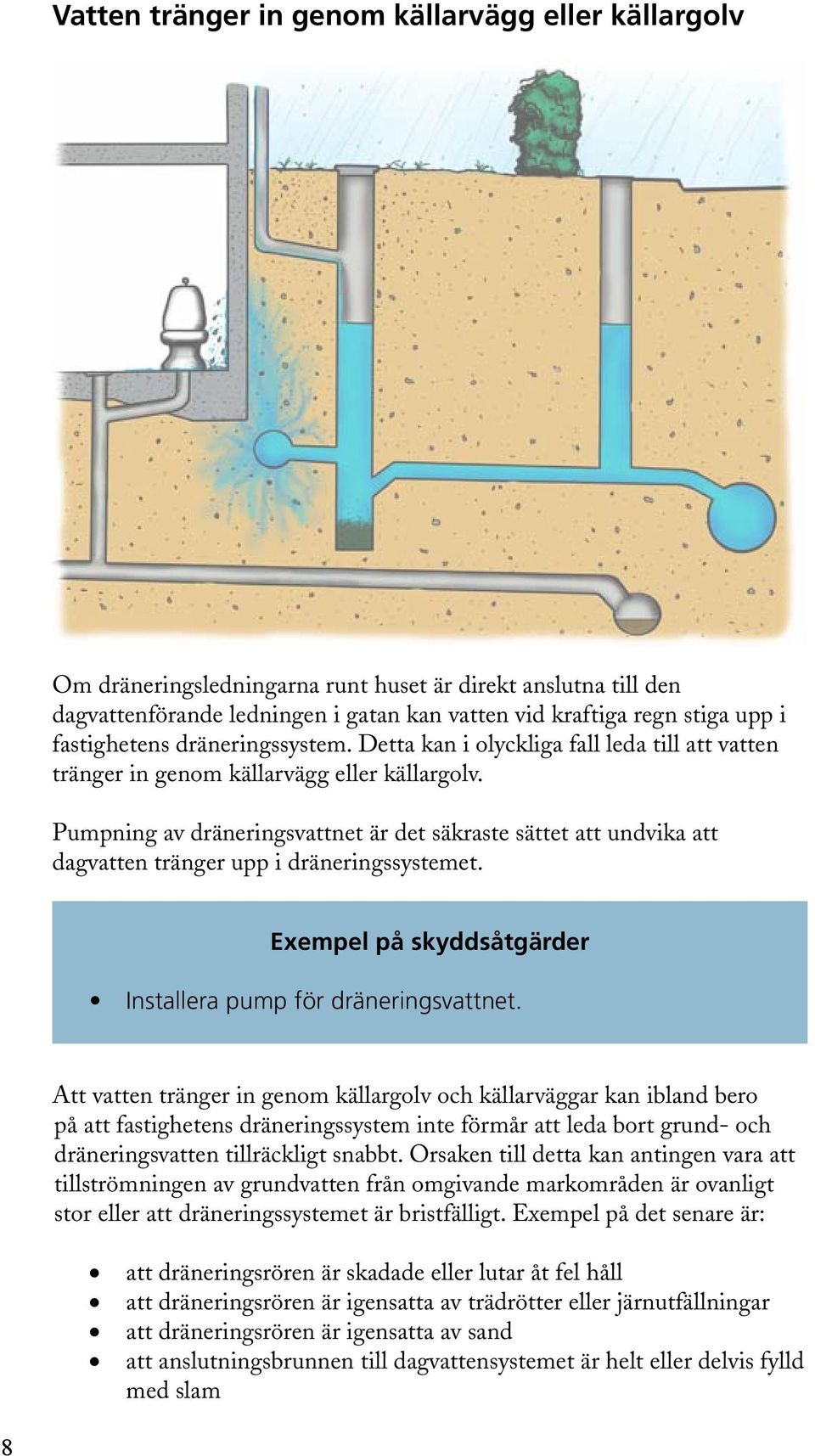 Pumpning av dräneringsvattnet är det säkraste sättet att undvika att dagvatten tränger upp i dräneringssystemet. Exempel på skyddsåtgärder Installera pump för dräneringsvattnet.