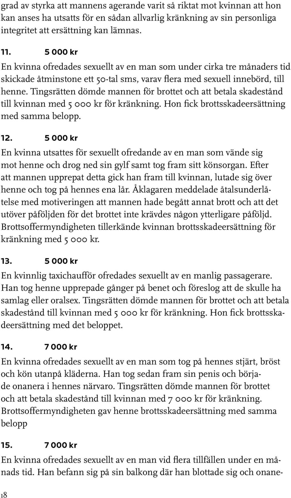 Tingsrätten dömde mannen för brottet och att betala skadestånd till kvinnan med 5 000 kr för kränkning. Hon fick brottsskadeersättning med samma belopp. 12.