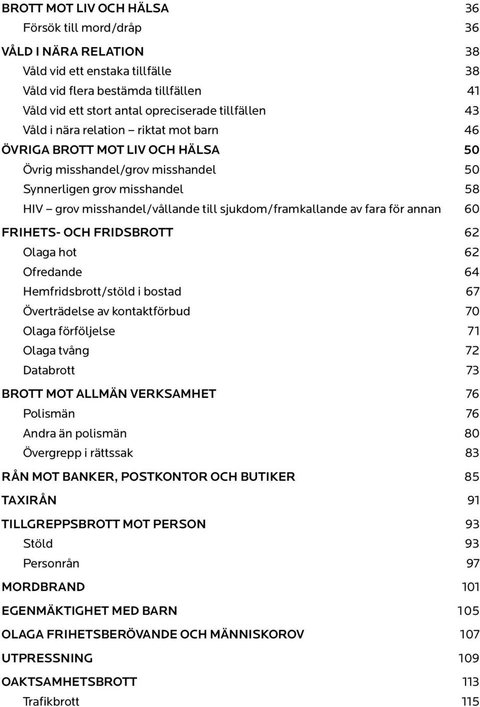 fara för annan 60 FRIHETS- OCH FRIDSBROTT 62 Olaga hot 62 Ofredande 64 Hemfridsbrott/stöld i bostad 67 Överträdelse av kontaktförbud 70 Olaga förföljelse 71 Olaga tvång 72 Databrott 73 BROTT MOT