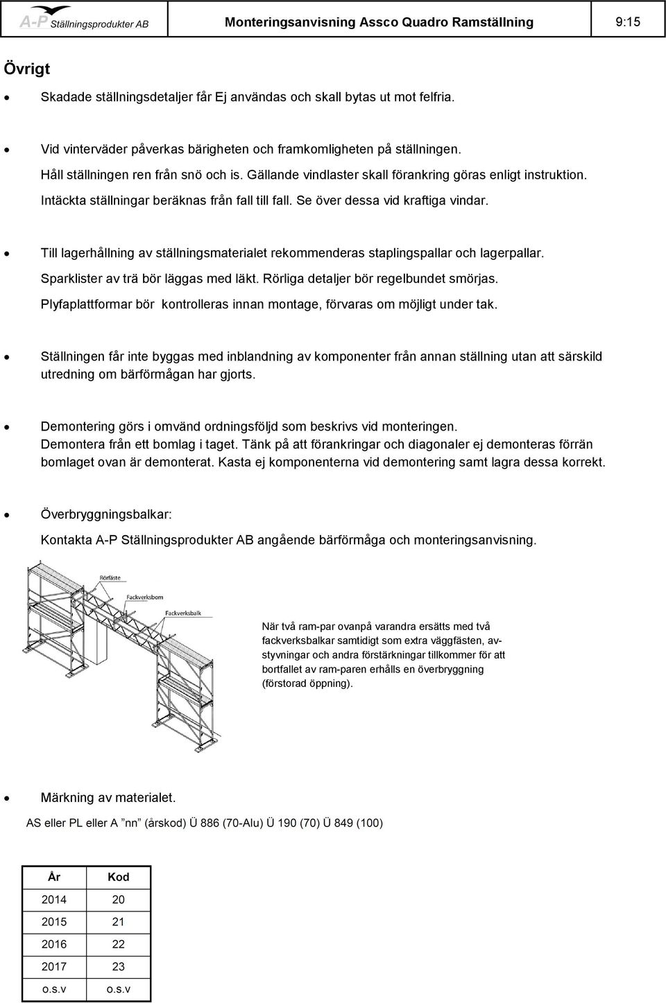 Intäckta ställningar beräknas från fall till fall. Se över dessa vid kraftiga vindar. Till lagerhållning av ställningsmaterialet rekommenderas staplingspallar och lagerpallar.