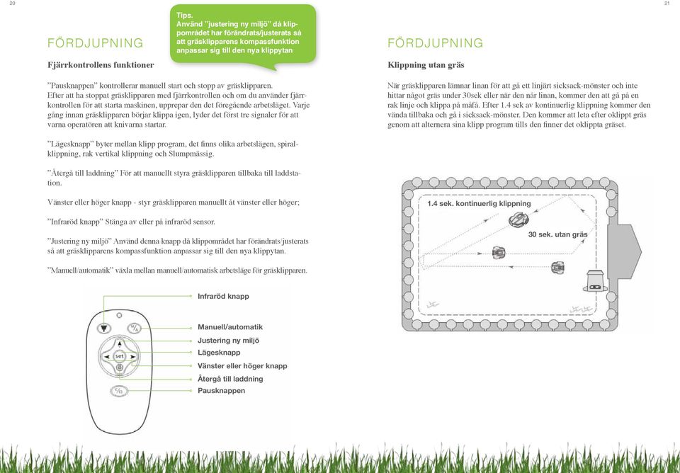 manuell start och stopp av gräsklipparen. Efter att ha stoppat gräsklipparen med fjärrkontrollen och om du använder fjärrkontrollen för att starta maskinen, upprepar den det föregående arbetsläget.