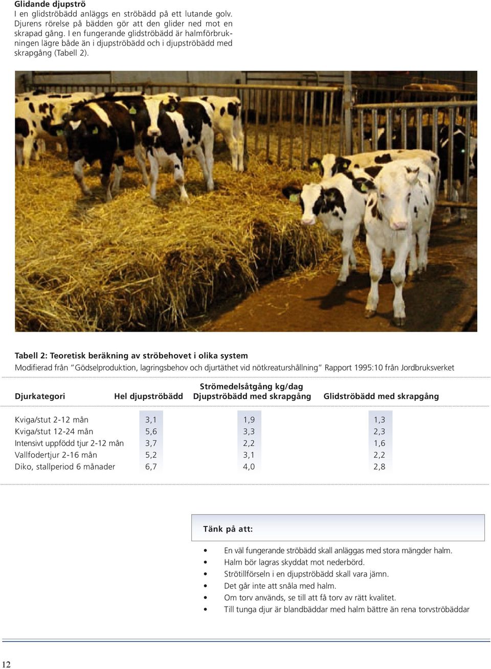 Tabell 2: Teoretisk beräkning av ströbehovet i olika system Modifierad från Gödselproduktion, lagringsbehov och djurtäthet vid nötkreaturshållning Rapport 1995:10 från Jordbruksverket