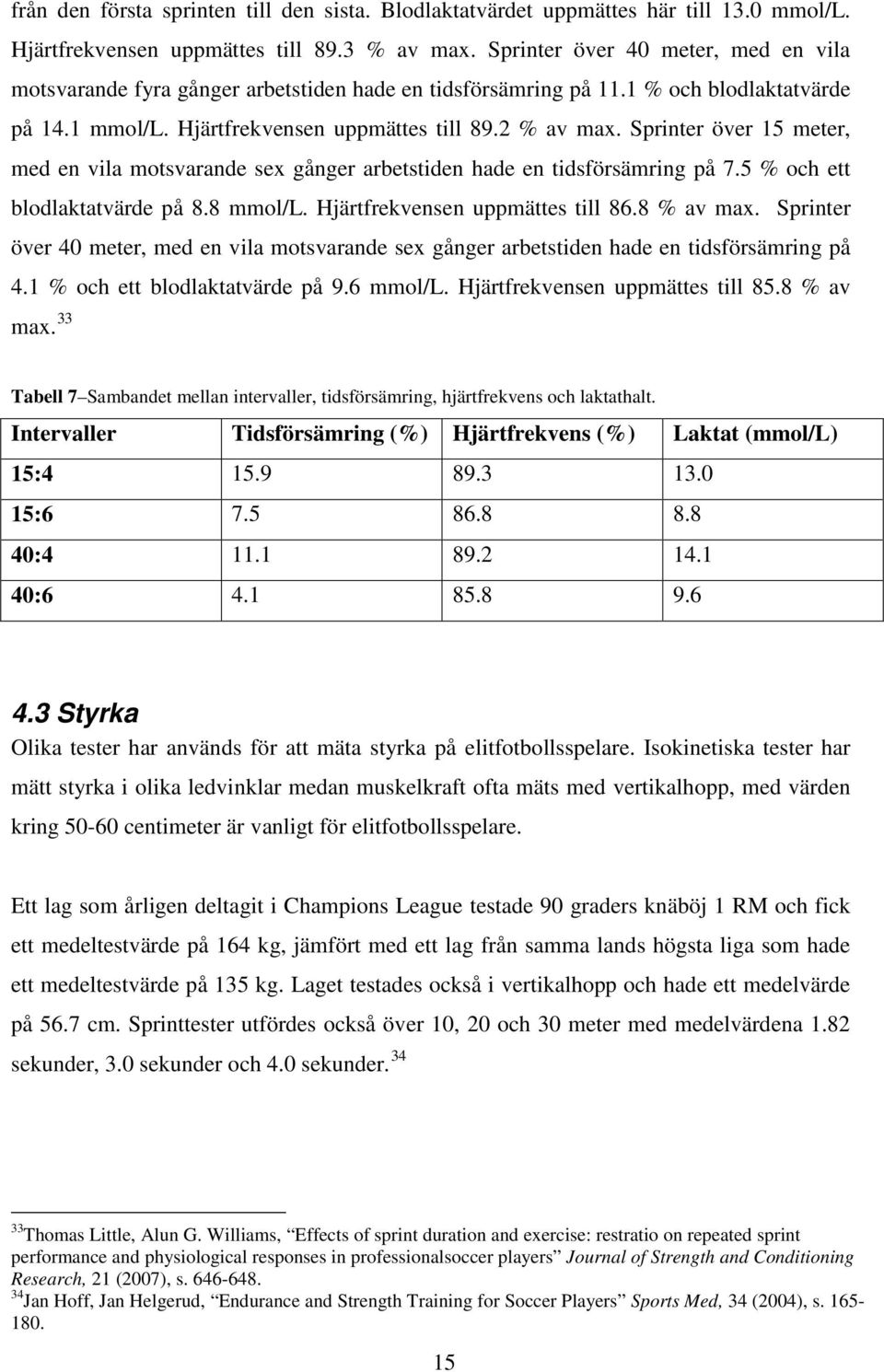 Sprinter över 15 meter, med en vila motsvarande sex gånger arbetstiden hade en tidsförsämring på 7.5 % och ett blodlaktatvärde på 8.8 mmol/l. Hjärtfrekvensen uppmättes till 86.8 % av max.