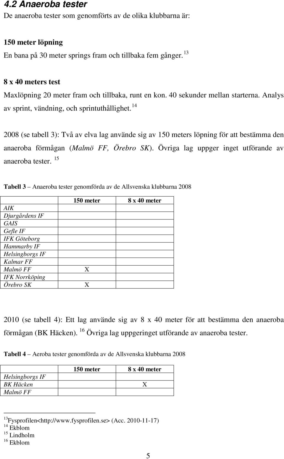 14 2008 (se tabell 3): Två av elva lag använde sig av 150 meters löpning för att bestämma den anaeroba förmågan (Malmö FF, Örebro SK). Övriga lag uppger inget utförande av anaeroba tester.