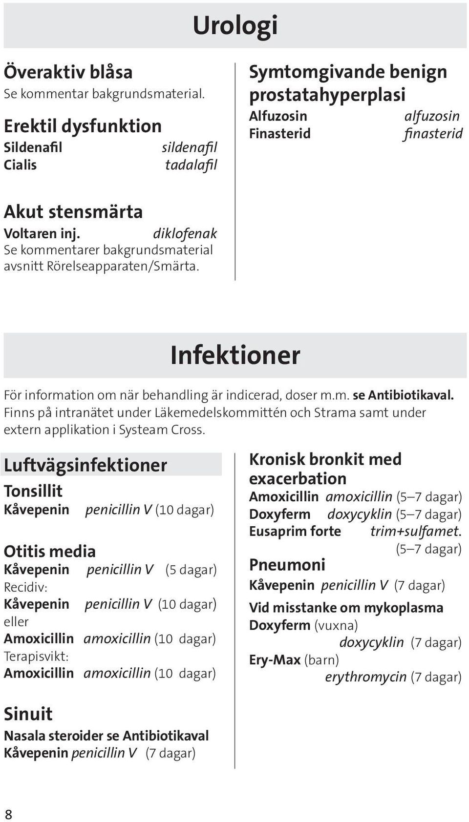 diklofenak Se kommentarer bakgrundsmaterial avsnitt Rörelseapparaten/Smärta. Infektioner För information om när behandling är indicerad, doser m.m. se Antibiotikaval.