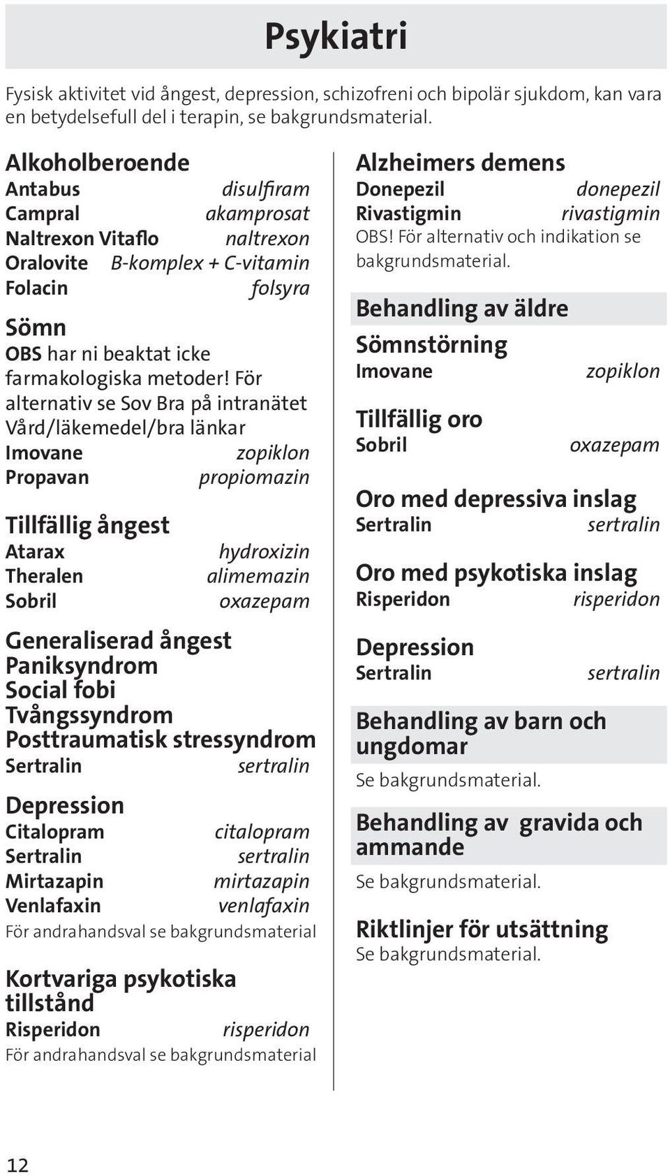 För alternativ se Sov Bra på intranätet Vård/läkemedel/bra länkar Imovane zopiklon Propavan propiomazin Tillfällig ångest Atarax Theralen Sobril hydroxizin alimemazin oxazepam Generaliserad ångest