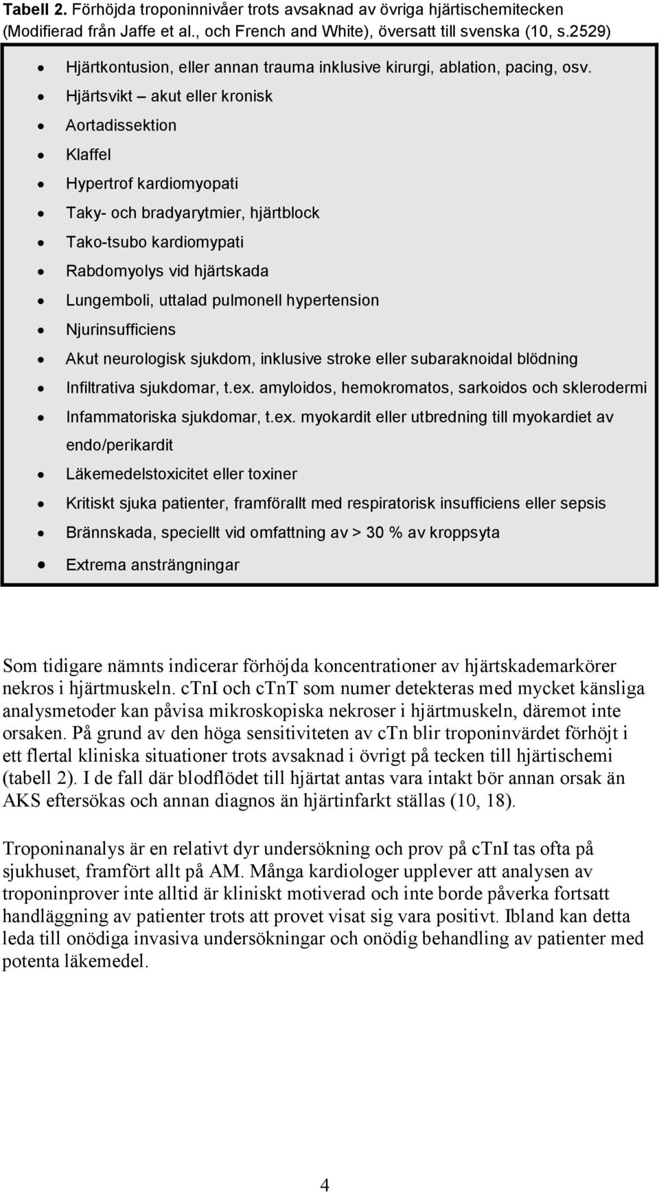 Hjärtsvikt akut eller kronisk Aortadissektion Klaffel Hypertrof kardiomyopati Taky- och bradyarytmier, hjärtblock Tako-tsubo kardiomypati Rabdomyolys vid hjärtskada Lungemboli, uttalad pulmonell