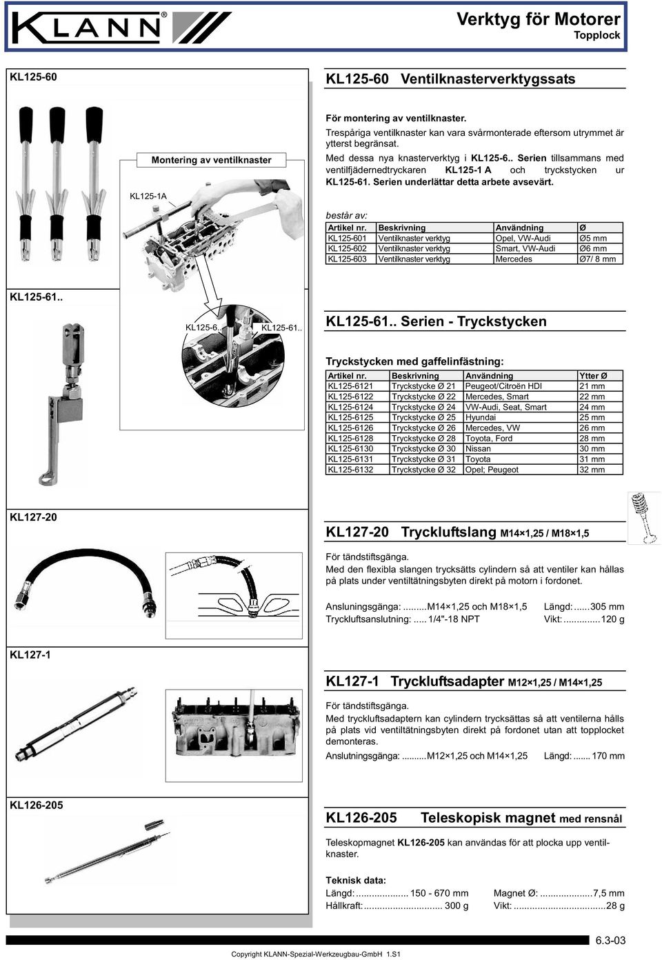 . Serien tillsammans med ventilfjädernedtryckaren KL125-1 A och tryckstycken ur KL125-61. Serien underlättar detta arbete avsevärt. Artikel nr.