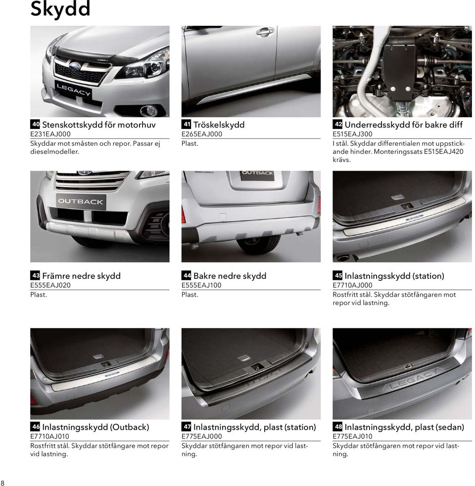 44 Bakre nedre skydd E555EAJ100 Plast. 45 Inlastningsskydd (station) E7710AJ000 Rostfritt stål. Skyddar stötfångaren mot repor vid lastning.