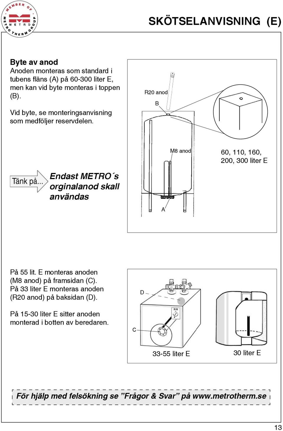 R20 anod B M8 anod 60, 110, 160, 200, 300 liter E Endast METRO s orginalanod skall användas A På 55 lit.