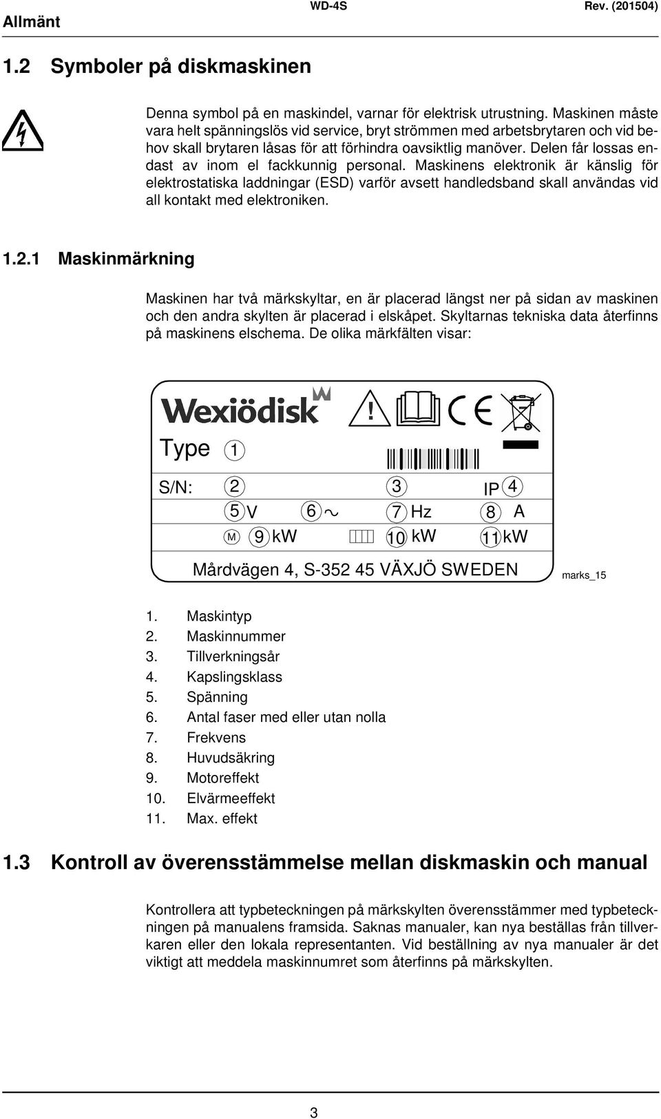 Delen får lossas endast av inom el fackkunnig personal. Maskinens elektronik är känslig för elektrostatiska laddningar (ESD) varför avsett handledsband skall användas vid all kontakt med elektroniken.