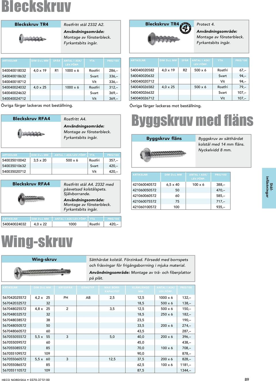 Artikelnr dim D x l mm spår antal i ask/ Yta pris/100 540040018032 4,0 x 19 R1 1000 x 6 Rostfri 286, 540040018632 Svart 336, 540040018712 Vit 336, 540040024032 4,0 x 25 1000 x 6 Rostfri 312,