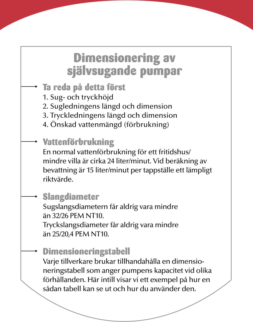 Vid beräkning av bevattning är 15 liter/minut per tappställe ett lämpligt riktvärde. Slangdiameter Sugslangsdiametern får aldrig vara mindre än 32/26 PEM NT10.