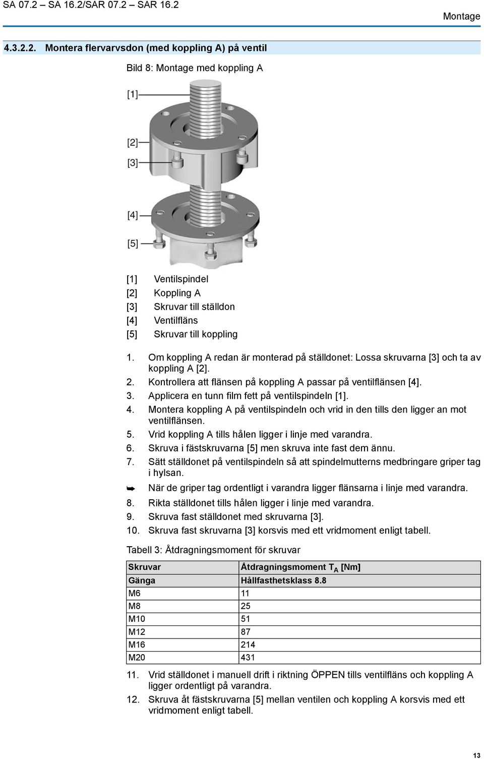 Applicera en tunn film fett på ventilspindeln [1]. 4. Montera koppling A på ventilspindeln och vrid in den tills den ligger an mot ventilflänsen. 5.