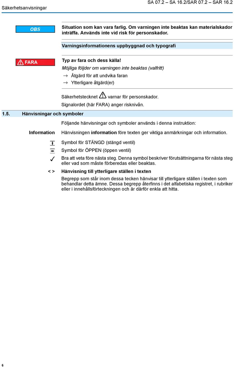 Möjliga följder om varningen inte beaktas (valfritt) Åtgärd för att undvika faran Ytterligare åtgärd(er) Säkerhetstecknet varnar för personskador. 1.5.