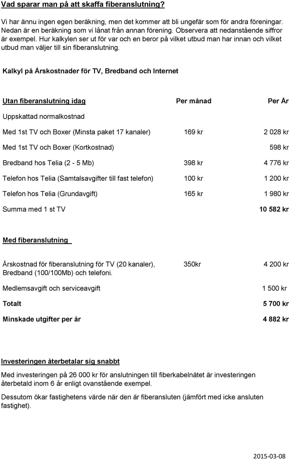 Kalkyl på Årskostnader för TV, Bredband och Internet Utan fiberanslutning idag Per månad Per År Uppskattad normalkostnad Med 1st TV och Boxer (Minsta paket 17 kanaler) 169 kr 2 028 kr Med 1st TV och