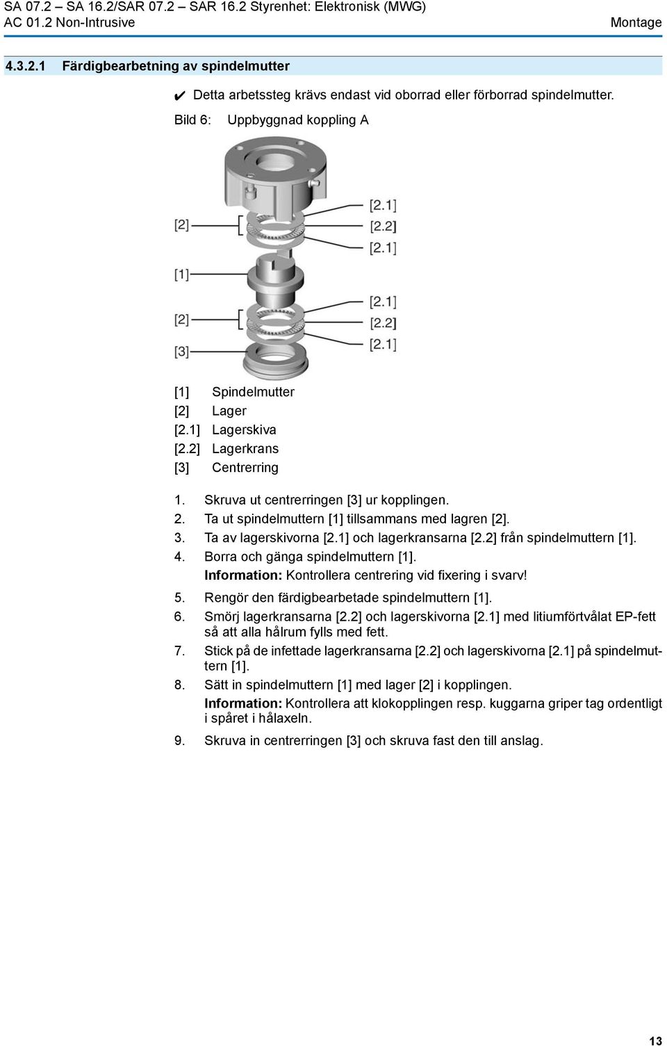 Ta ut spindelmuttern [1] tillsammans med lagren [2]. 3. Ta av lagerskivorna [2.1] och lagerkransarna [2.2] från spindelmuttern [1]. 4. Borra och gänga spindelmuttern [1].