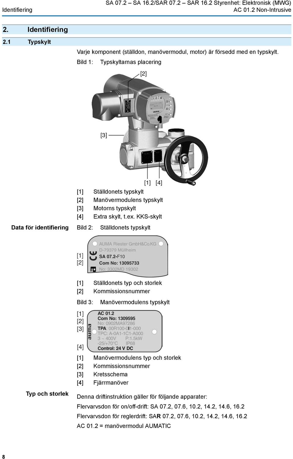 KKS-skylt Data för identifiering Bild 2: Ställdonets typskylt [1] Ställdonets typ och storlek [2] Kommissionsnummer Bild 3: Manövermodulens typskylt [1] Manövermodulens typ och storlek [2]